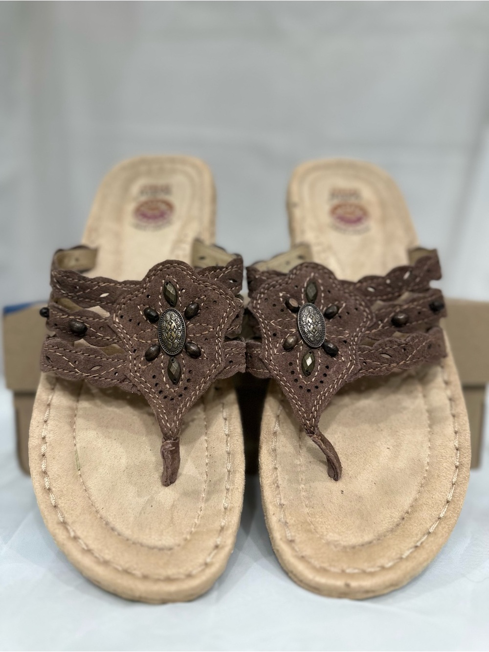 Earth Spirit Brown Medallion and Bead Embellished Women's Thong Sandals